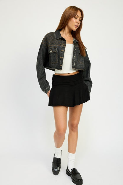 “CHRISTINE” EMBROIDERED DENIM CROP JACKET