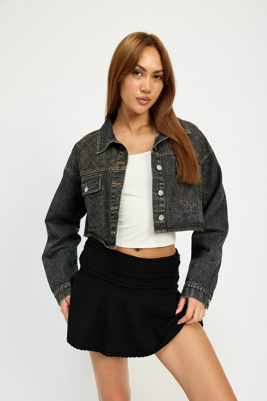 “CHRISTINE” EMBROIDERED DENIM CROP JACKET