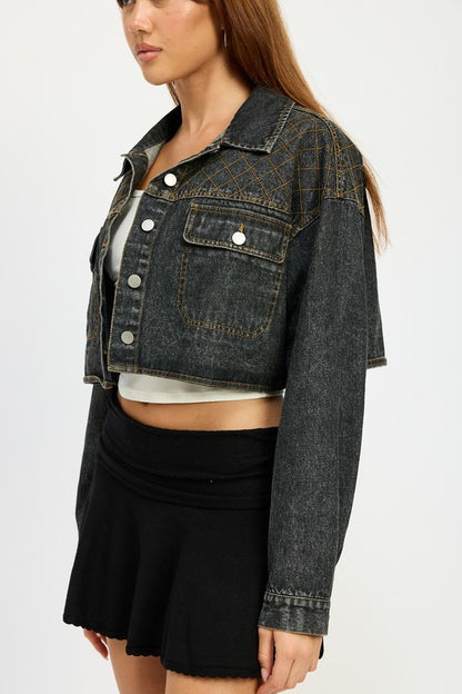 “CHRISTINE” EMBROIDERED DENIM CROP JACKET