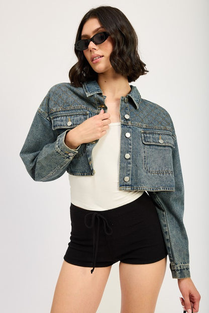 “CHRISTINE” EMBROIDERED DENIM CROP JACKET