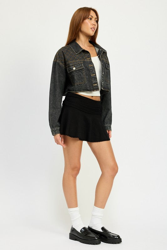 “CHRISTINE” EMBROIDERED DENIM CROP JACKET