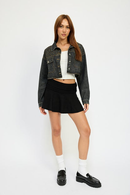 “CHRISTINE” EMBROIDERED DENIM CROP JACKET