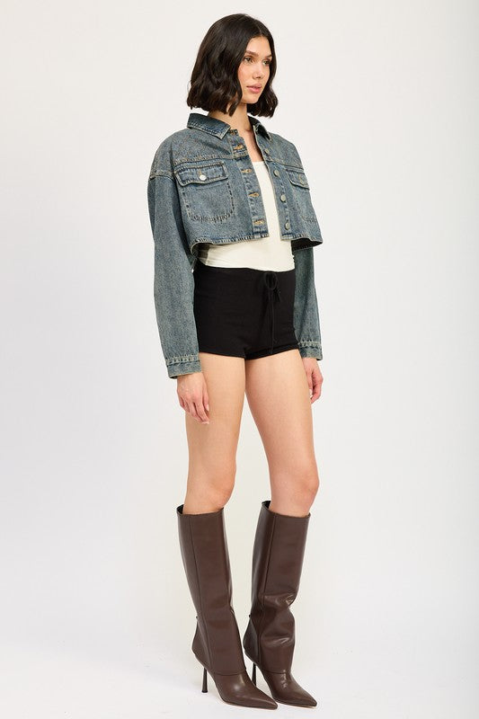 “CHRISTINE” EMBROIDERED DENIM CROP JACKET