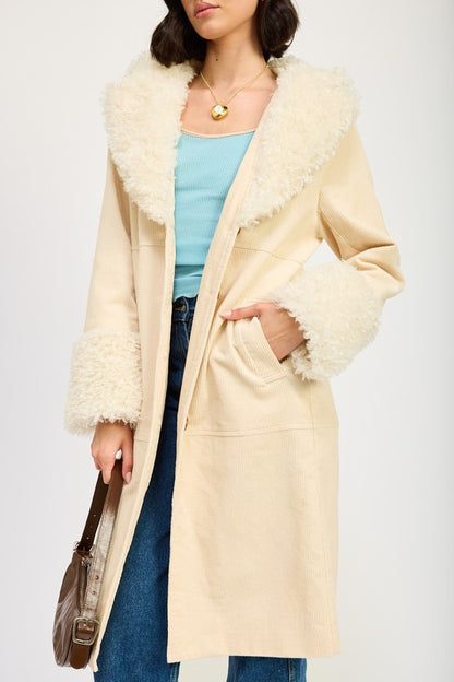 “CHRISSY” FAUX FUR CORDUROY MID TRENCH COAT