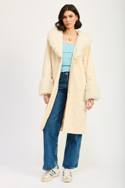 “CHRISSY” FAUX FUR CORDUROY MID TRENCH COAT