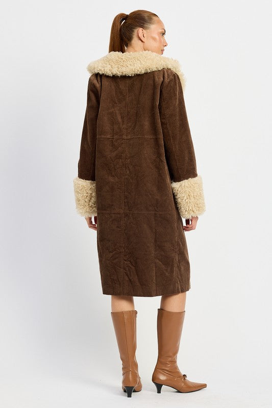 “CHRISSY” FAUX FUR CORDUROY MID TRENCH COAT