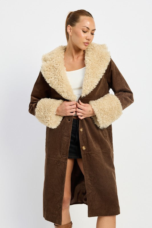 “CHRISSY” FAUX FUR CORDUROY MID TRENCH COAT