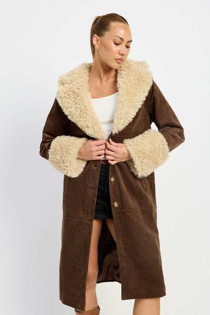 “CHRISSY” FAUX FUR CORDUROY MID TRENCH COAT