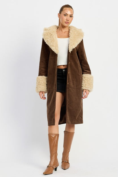 “CHRISSY” FAUX FUR CORDUROY MID TRENCH COAT