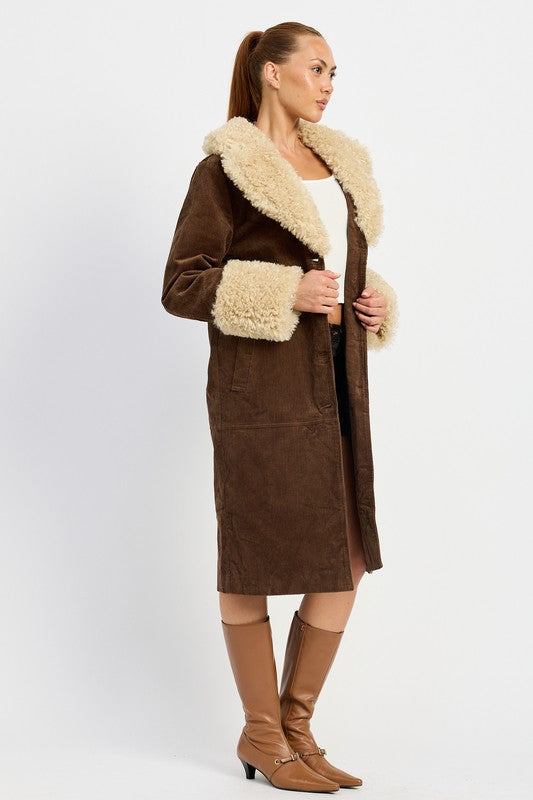 “CHRISSY” FAUX FUR CORDUROY MID TRENCH COAT