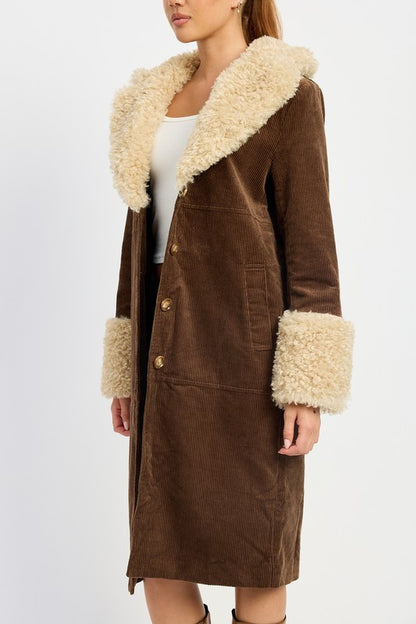 “CHRISSY” FAUX FUR CORDUROY MID TRENCH COAT