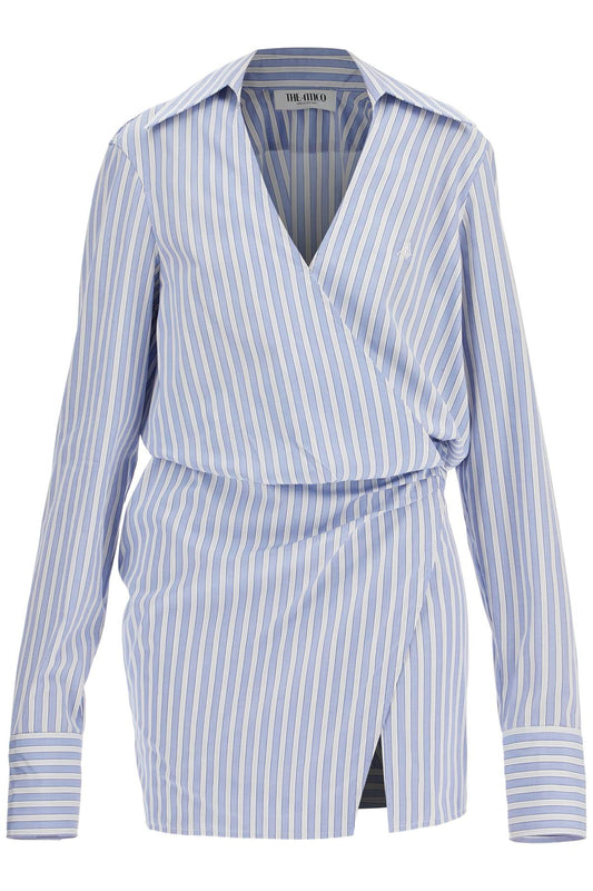 The Attico The Attico mini striped dress with v-neck*** long sleeves*** white and navy blue cotton*** tied waist