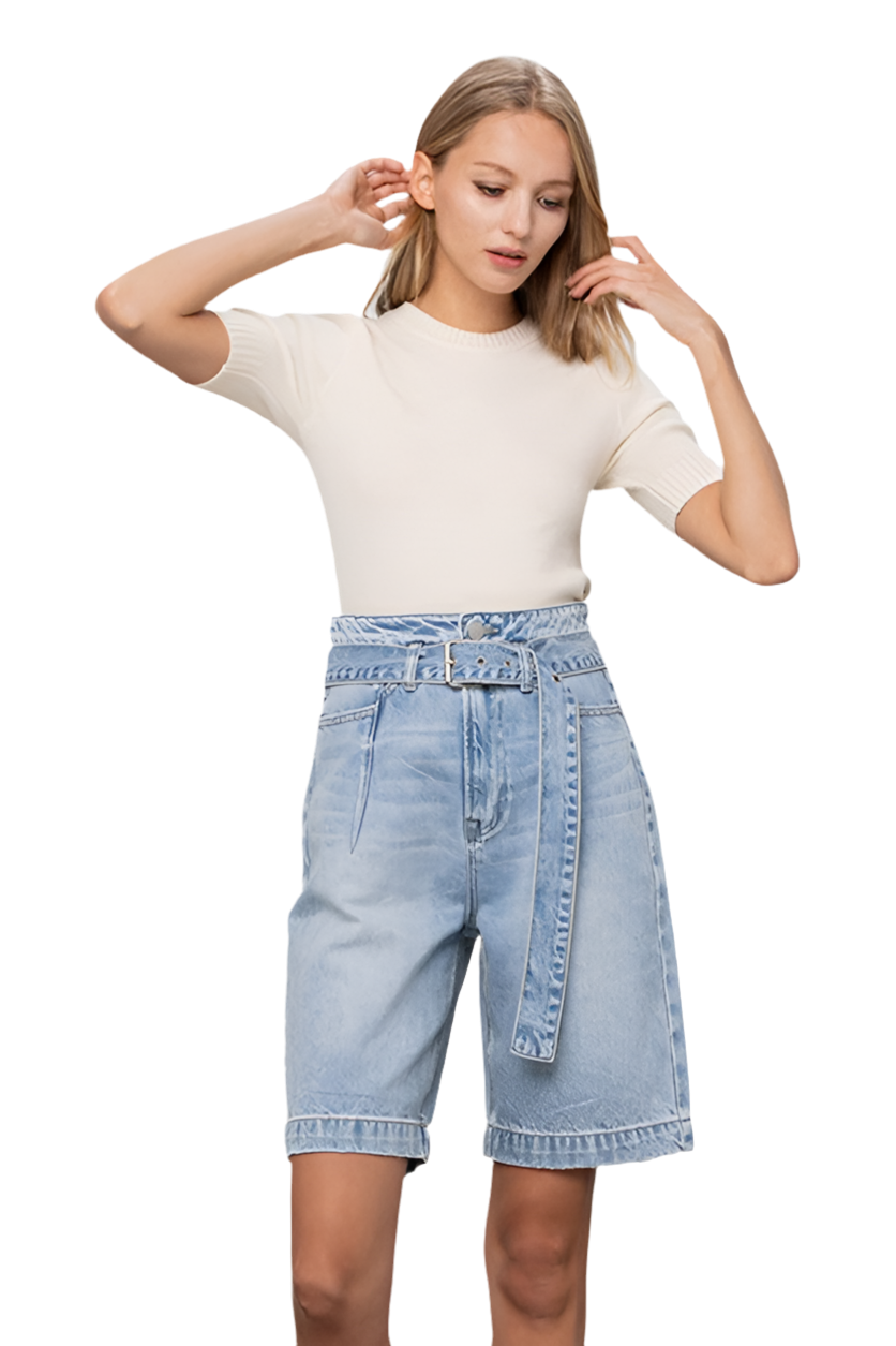 Self Belted Bermuda Denim Shorts