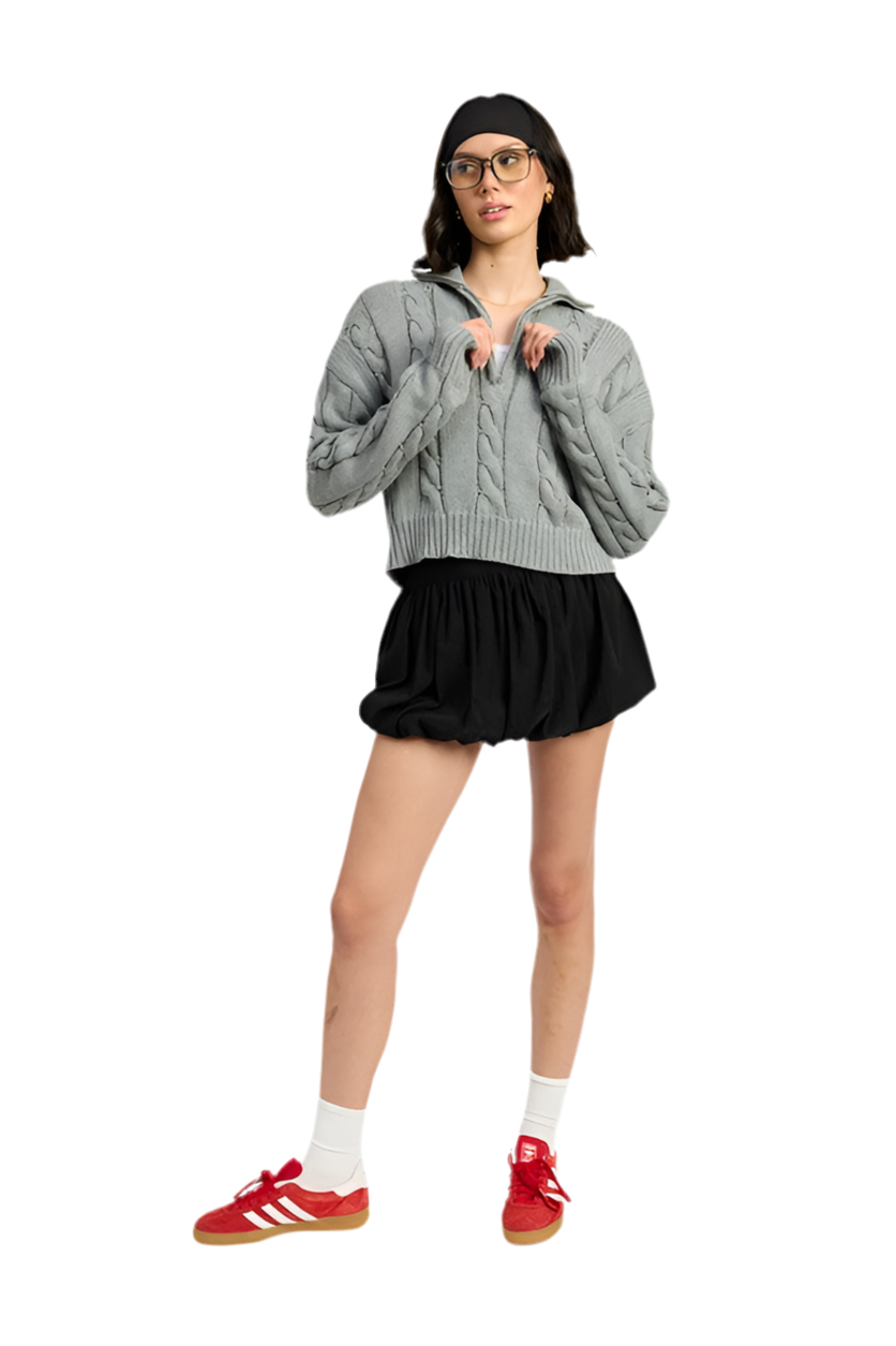 “ELLIE” CABLE KNIT SWEATER WITH HALF ZIP