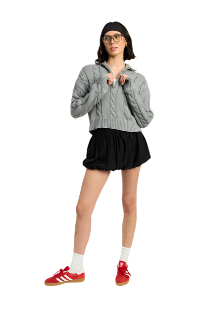 “ELLIE” CABLE KNIT SWEATER WITH HALF ZIP