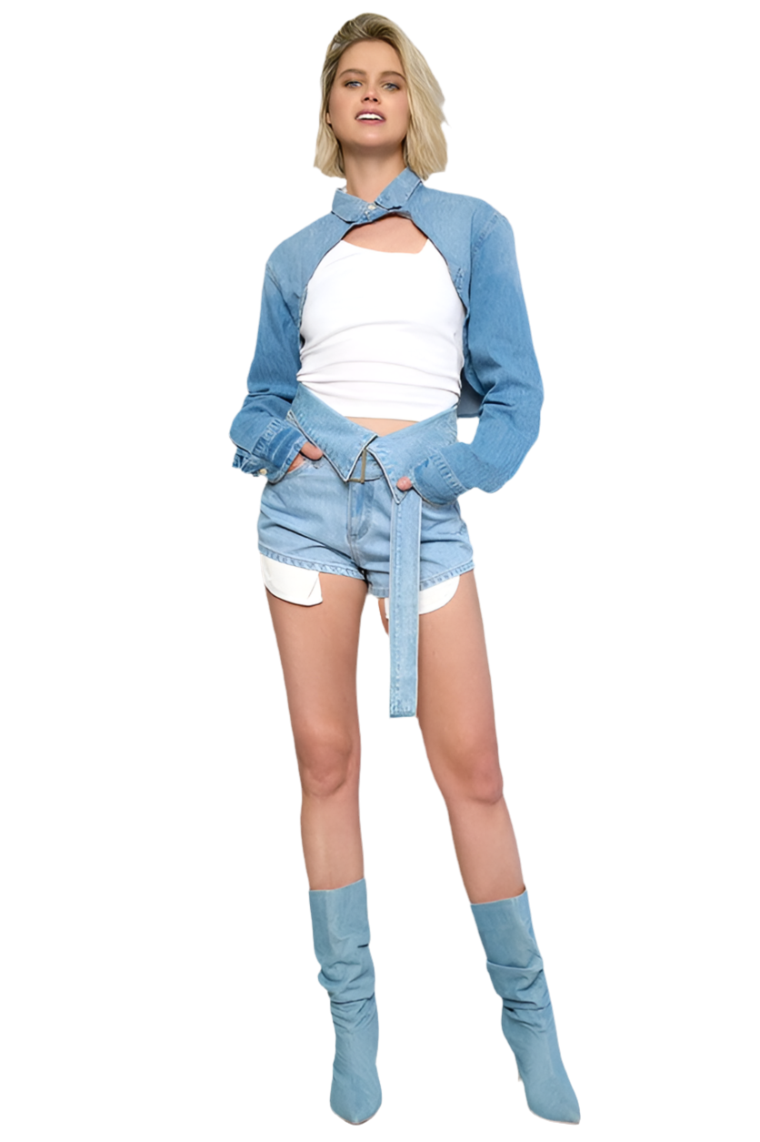 High Rise Flap Waist Belted Denim Shorts