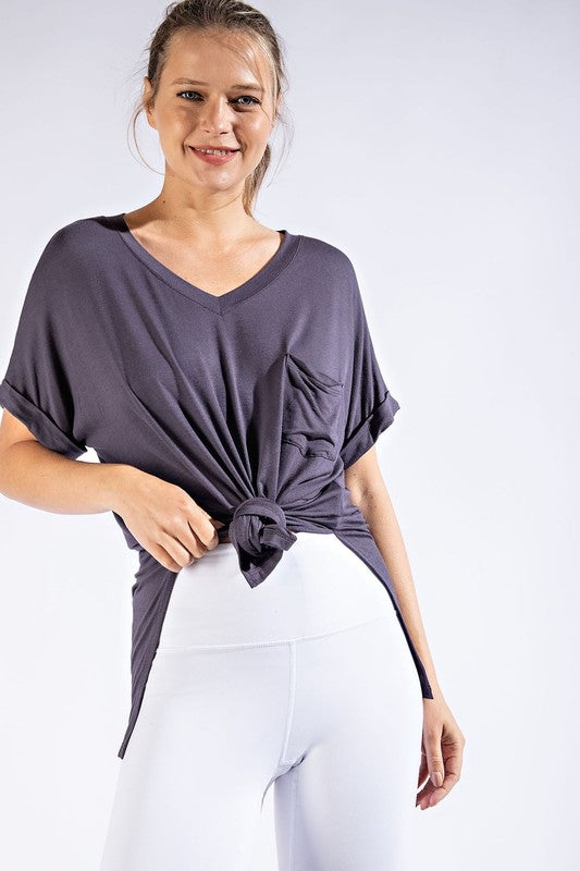 V Neck Basic High-Low Hem Top