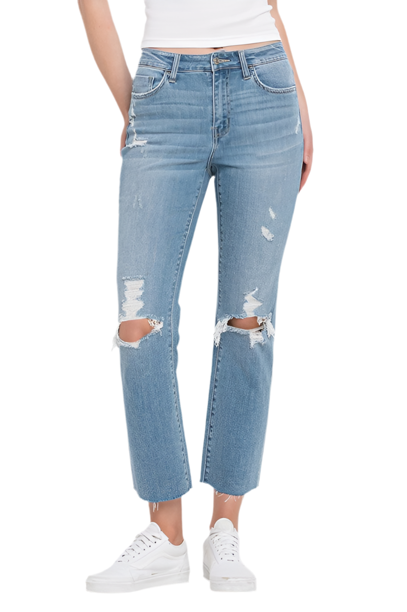 “PAULA” High Rise Distressed Cropped Straight Jeans