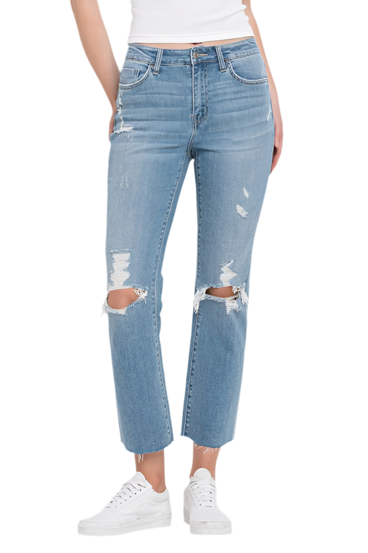 “PAULA” High Rise Distressed Cropped Straight Jeans