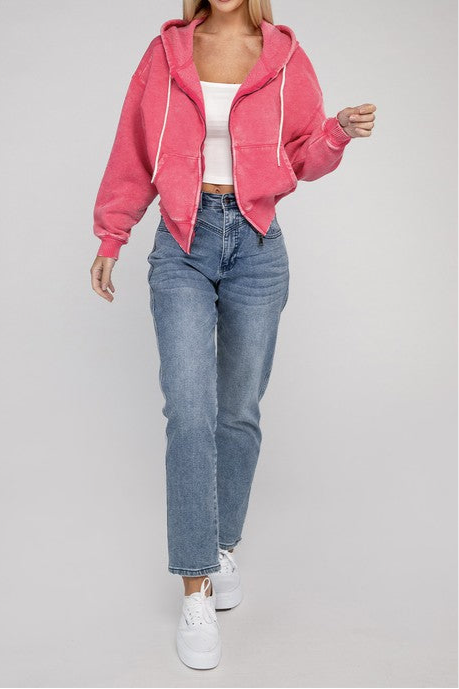 Acid Wash Fleece Cropped Zip-Up Hoodie