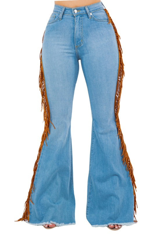 Fringe Bell Bottom in Light Blue Inseam 32"