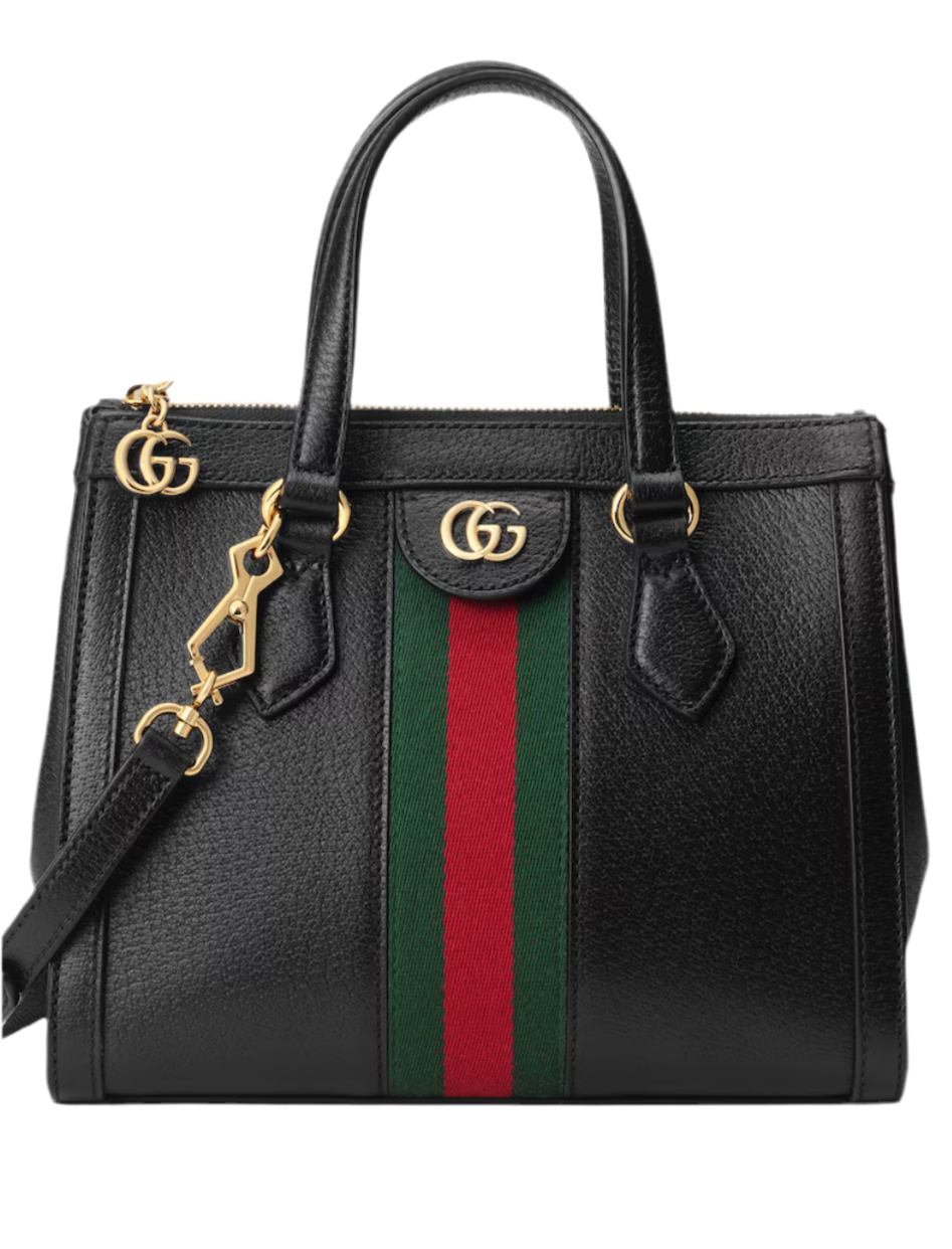 GUCCI 
Textured Calfskin Web Small Ophidia Tote Bag Black