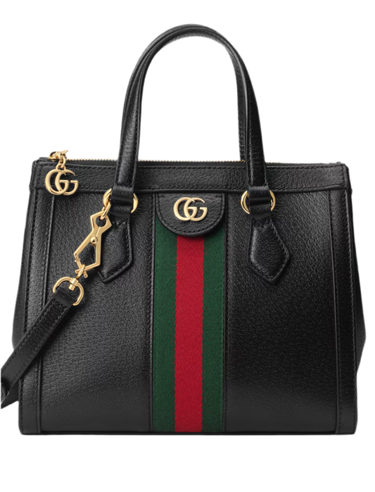 GUCCI 
Textured Calfskin Web Small Ophidia Tote Bag Black