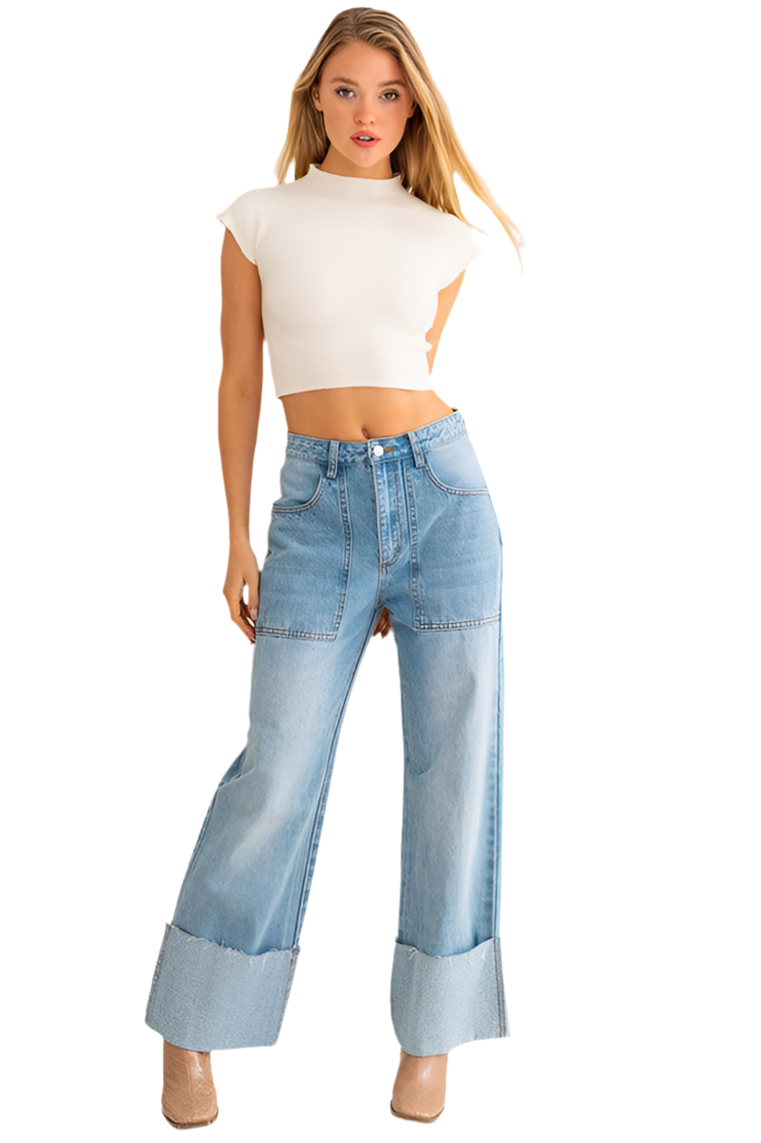 “TIFFANY” High-Waisted Wide Leg Cuffed Jeans