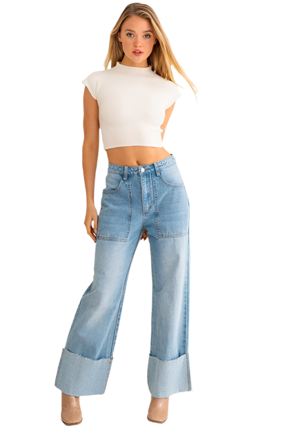 “TIFFANY” High-Waisted Wide Leg Cuffed Jeans