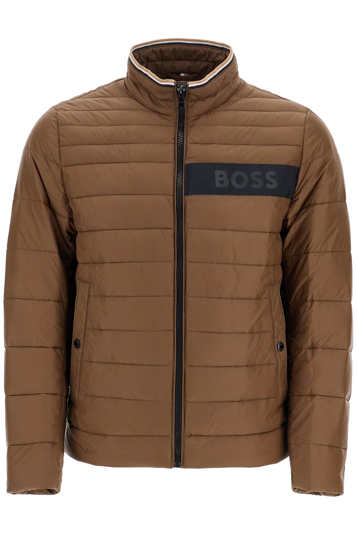 Boss green striped slim down jacket with high collar