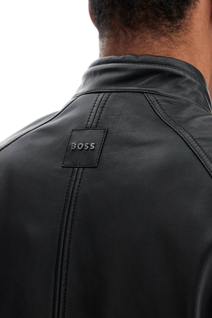 Boss Boss black leather jacket with high collar and quilted details