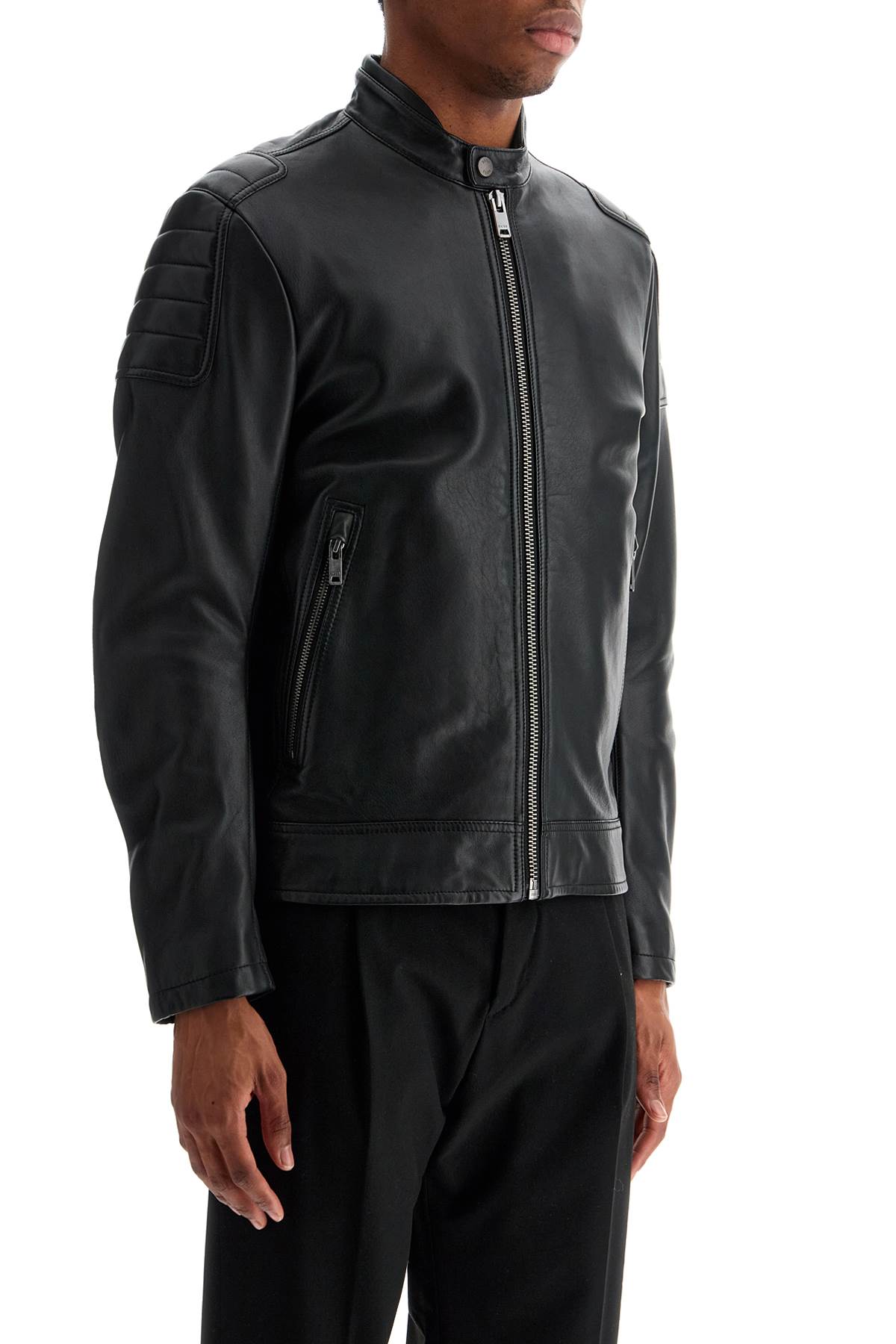 Boss Boss black leather jacket with high collar and quilted details