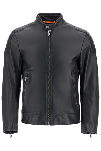 Boss Boss black leather jacket with high collar and quilted details