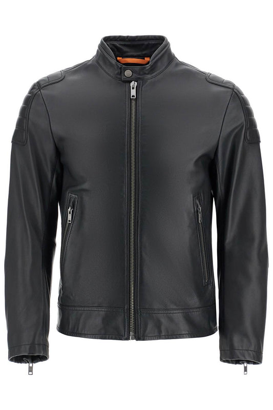 Boss Boss black leather jacket with high collar and quilted details