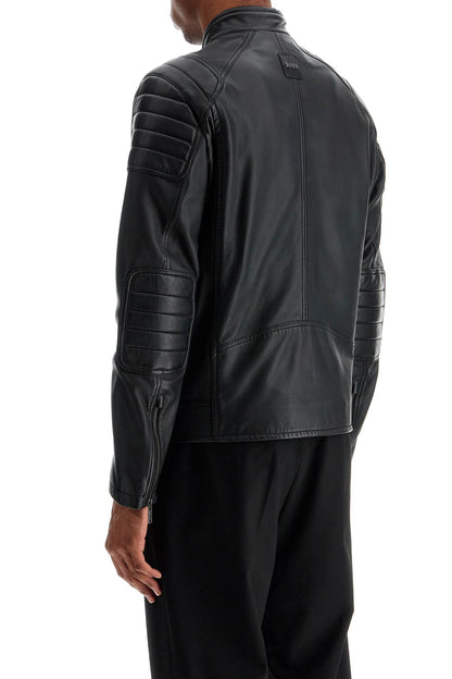 Boss Boss black leather jacket with high collar and quilted details