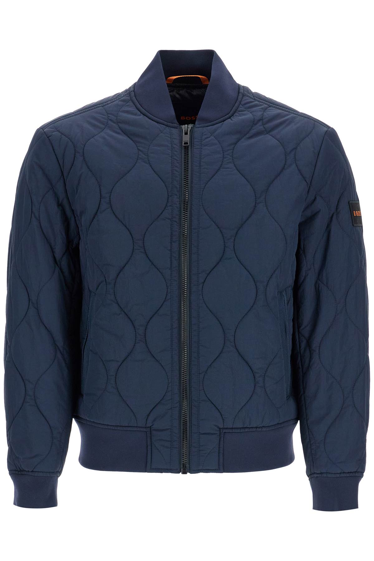 Boss dark blue slim fit quilted down jacket with wavy pattern