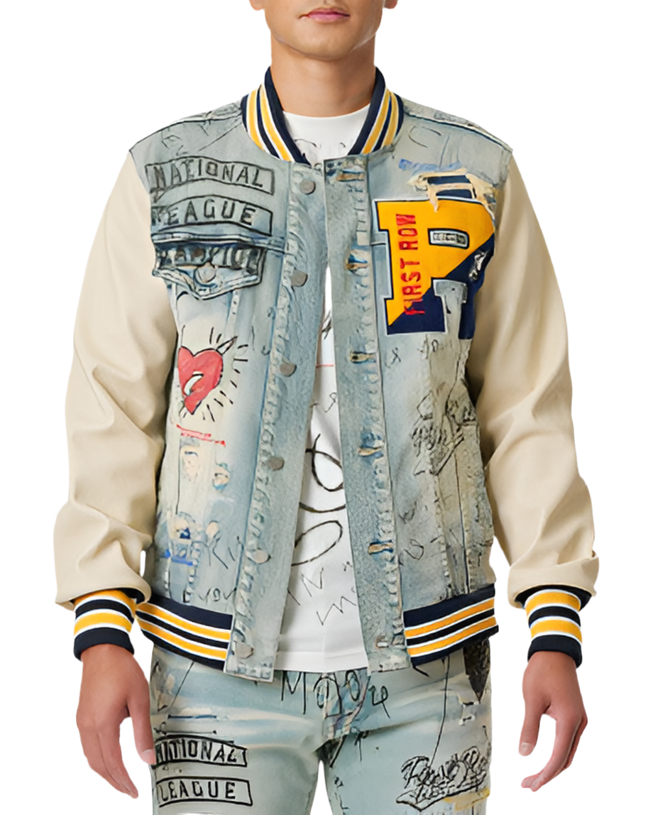 Hand Drawing Leather Sleeves Denim Varsity Jacket