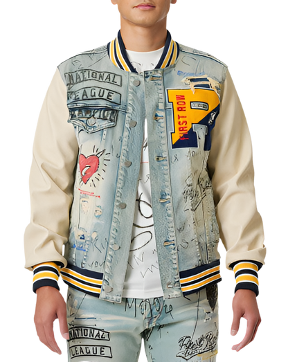 Hand Drawing Leather Sleeves Denim Varsity Jacket