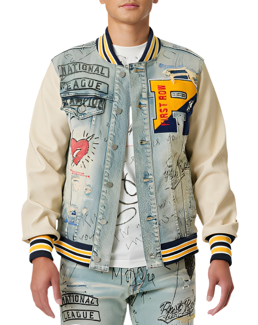 Hand Drawing Leather Sleeves Denim Varsity Jacket