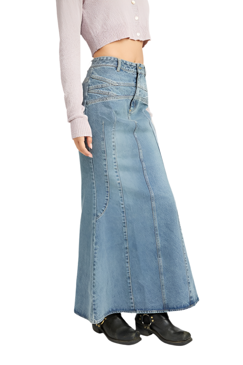 FLUTED DENIM MAXI SKIRT