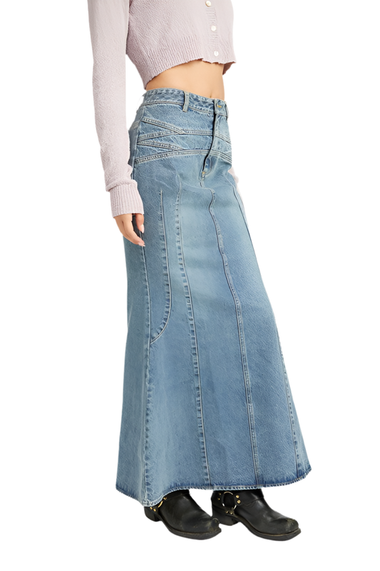 FLUTED DENIM MAXI SKIRT