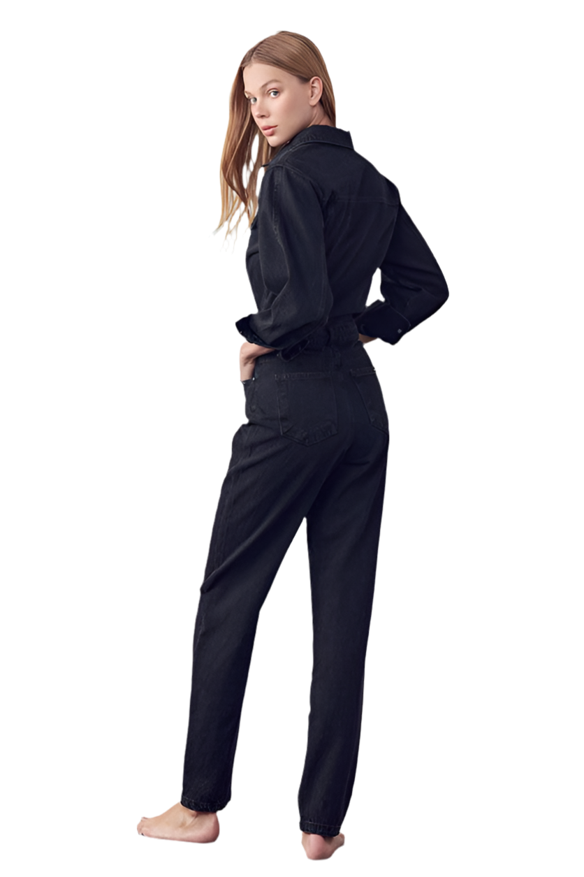 HIGH WAIST HALF BUTTON DENIM JUMPSUIT