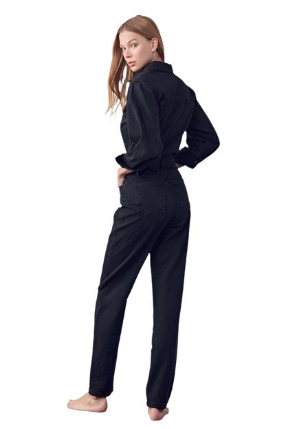 HIGH WAIST HALF BUTTON DENIM JUMPSUIT