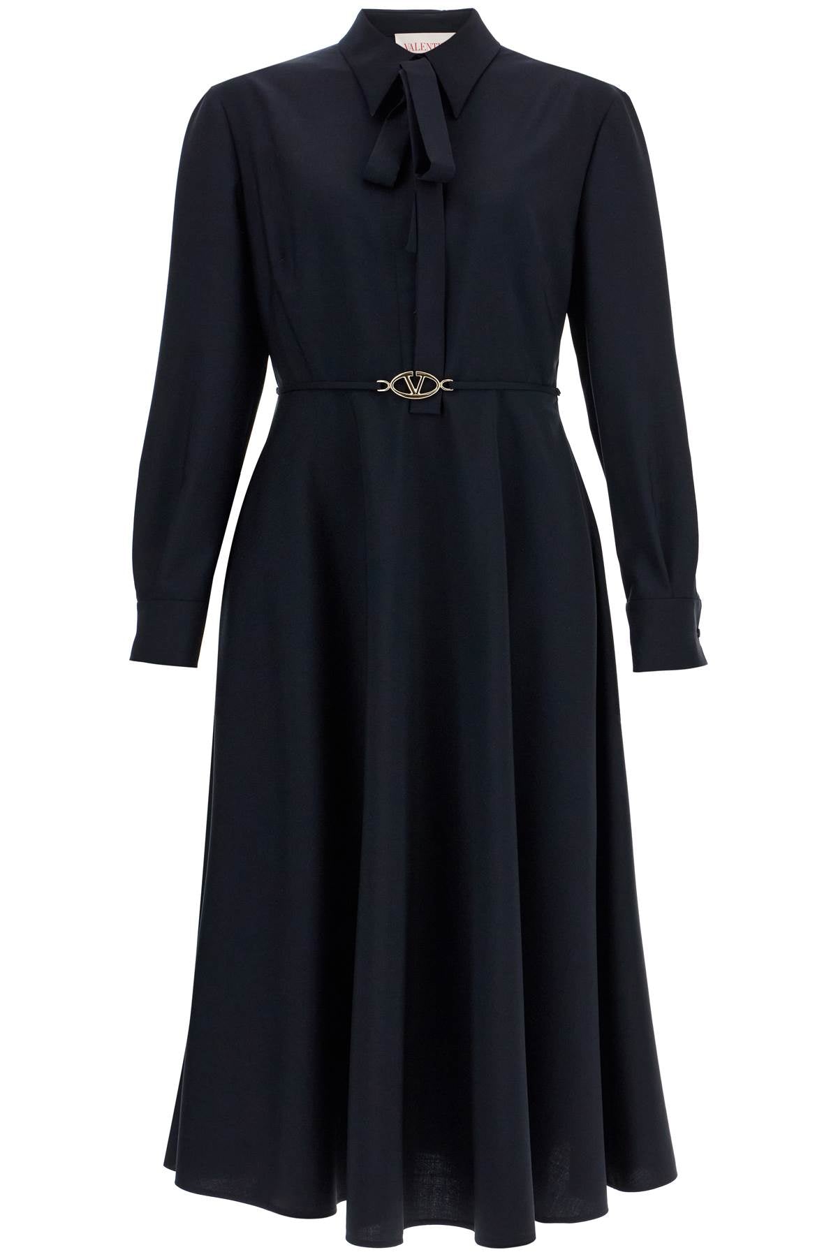 Valentino Garavani Valentino Garavani elegant navy blue wool dress with long sleeves and golden belt