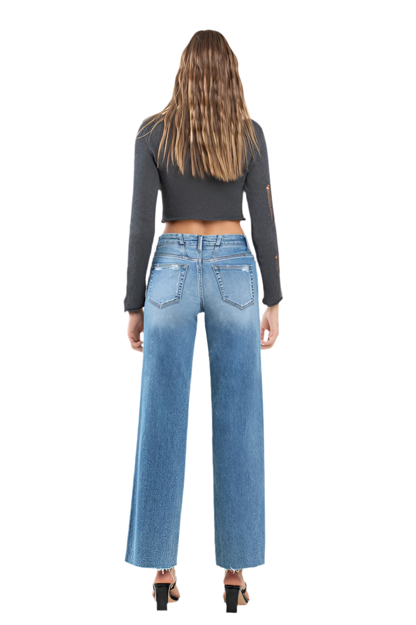 “KOKO” MID-RISE RAW HEM WIDE LEG JEANS