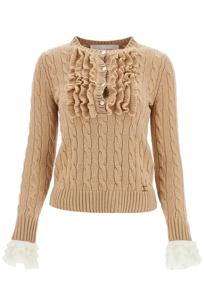 Valentino Garavani Valentino Garavani beige and ivory cable knit crew neck sweater