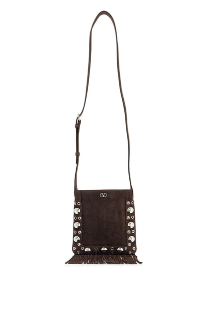 Valentino Garavani small suede crossbody bag in dark brown with studs and fringe