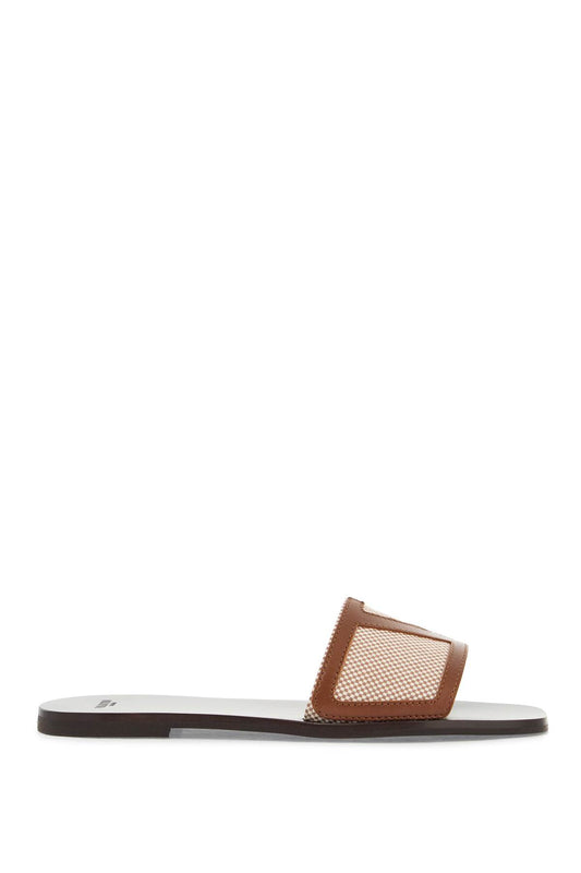 Valentino Garavani Valentino Garavani women's slippers in natural fabric and leather/tobacco with wide check pattern strap