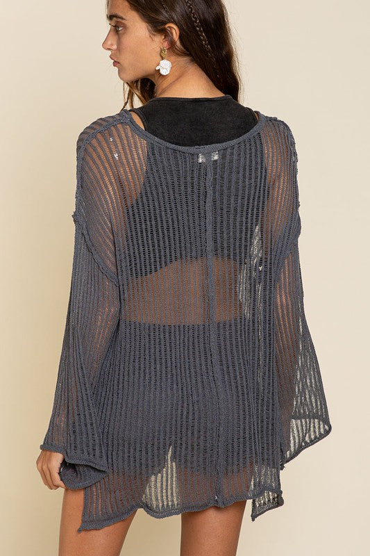 Loose Fit See-through Boat Neck Sweater