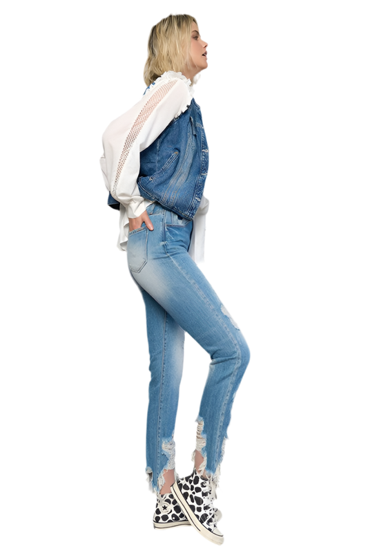 “HELEN” HIGH WAIST DESTROYED HEM BOYFRIEND JEANS